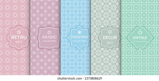 Set of seamless line patterns, colored background. Stylish decorative vintage, retro, arabic, christmas label decor set. Abstract geometric frame, vector illustration. Art Deco style, light colors