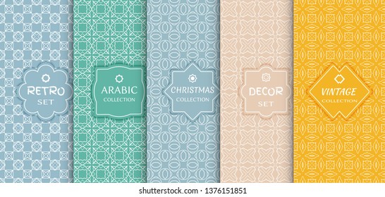 Set of seamless line patterns, colored background. Stylish decorative vintage, retro, arabic, christmas label decor set. Abstract geometric frame, vector illustration. Art Deco style, light colors