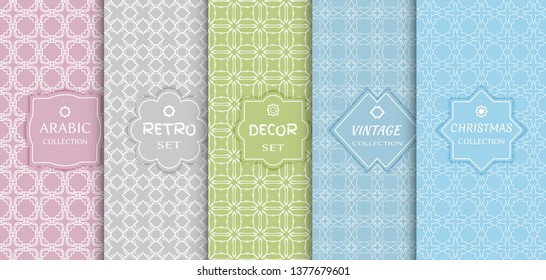 Set of seamless line patterns, colored background. Stylish decorative vintage, retro, arabic, christmas label decor set. Abstract geometric frame, vector illustration. Art Deco style, light colors