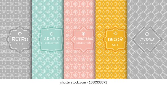 Set of seamless line patterns, colored background. Stylish decorative vintage, retro, arabic, christmas label decor set. Abstract geometric frame, vector illustration. Art Deco style, light colors