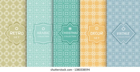 Set of seamless line patterns, colored background. Stylish decorative vintage, retro, arabic, christmas label decor set. Abstract geometric frame, vector illustration. Art Deco style, light colors