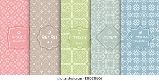 Set of seamless line patterns, colored background. Stylish decorative vintage, retro, arabic, christmas label decor set. Abstract geometric frame, vector illustration. Art Deco style, light colors