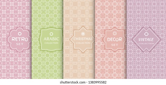 Set of seamless line patterns, colored background. Stylish decorative vintage, retro, arabic, christmas label decor set. Abstract geometric frame, vector illustration. Art Deco style, light colors