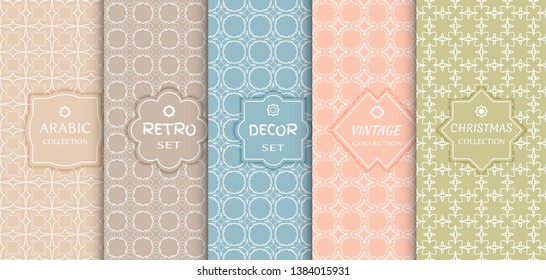Set of seamless line patterns, colored background. Stylish decorative vintage, retro, arabic, christmas label decor set. Abstract geometric frame, vector illustration. Art Deco style, light colors