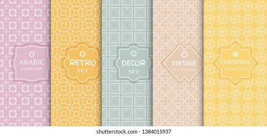Set of seamless line patterns, colored background. Stylish decorative vintage, retro, arabic, christmas label decor set. Abstract geometric frame, vector illustration. Art Deco style, light colors