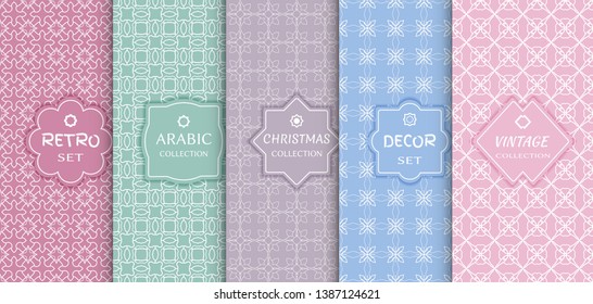 Set of seamless line patterns, colored background. Stylish decorative vintage, retro, arabic, christmas label decor set. Abstract geometric frame, vector illustration. Art Deco style, light colors
