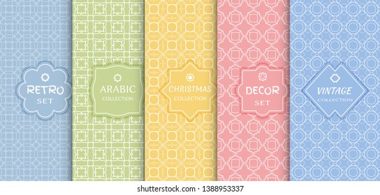 Set of seamless line patterns, colored background. Stylish decorative vintage, retro, arabic, christmas label decor set. Abstract geometric frame, vector illustration. Art Deco style, light colors