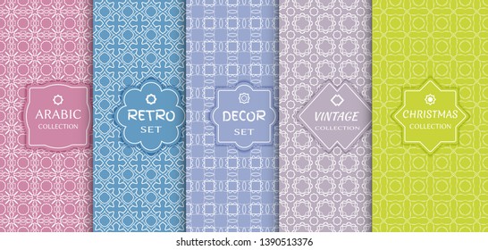 Set of seamless line patterns, colored background. Stylish decorative vintage, retro, arabic, christmas label decor set. Abstract geometric frame, vector illustration. Art Deco style, light colors