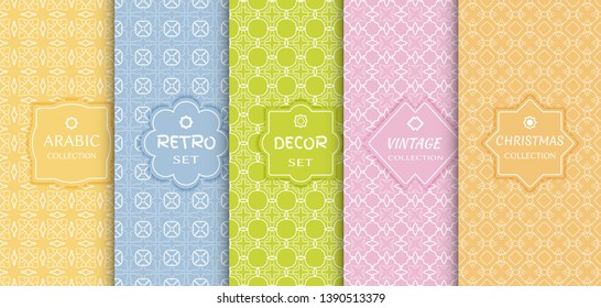 Set of seamless line patterns, colored background. Stylish decorative vintage, retro, arabic, christmas label decor set. Abstract geometric frame, vector illustration. Art Deco style, light colors