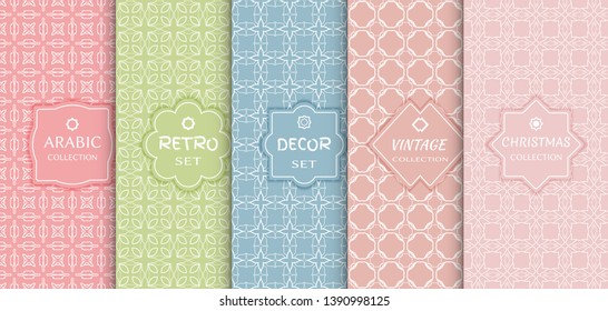 Set of seamless line patterns, colored background. Stylish decorative vintage, retro, arabic, christmas label decor set. Abstract geometric frame, vector illustration. Art Deco style, light colors