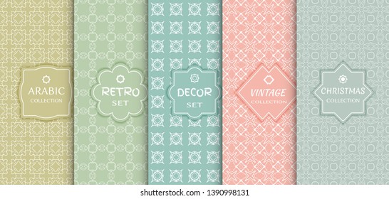 Set of seamless line patterns, colored background. Stylish decorative vintage, retro, arabic, christmas label decor set. Abstract geometric frame, vector illustration. Art Deco style, light colors