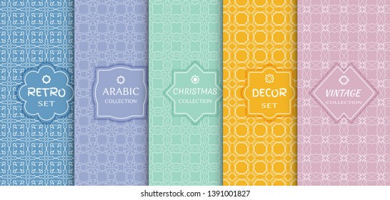 Set of seamless line patterns, colored background. Stylish decorative vintage, retro, arabic, christmas label decor set. Abstract geometric frame, vector illustration. Art Deco style, light colors