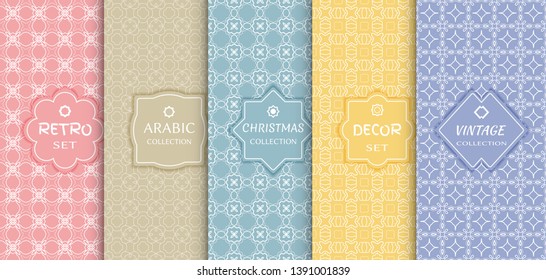 Set of seamless line patterns, colored background. Stylish decorative vintage, retro, arabic, christmas label decor set. Abstract geometric frame, vector illustration. Art Deco style, light colors