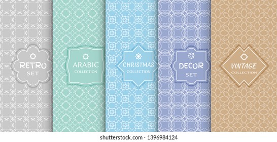 Set of seamless line patterns, colored background. Stylish decorative vintage, retro, arabic, christmas label decor set. Abstract geometric frame, vector illustration. Art Deco style, light colors
