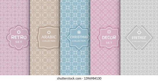 Set of seamless line patterns, colored background. Stylish decorative vintage, retro, arabic, christmas label decor set. Abstract geometric frame, vector illustration. Art Deco style, light colors