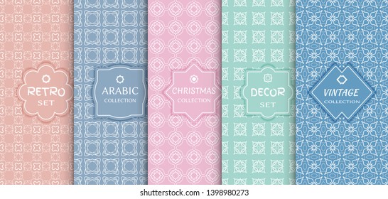 Set of seamless line patterns, colored background. Stylish decorative vintage, retro, arabic, christmas label decor set. Abstract geometric frame, vector illustration. Art Deco style, light colors
