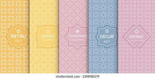 Set of seamless line patterns, colored background. Stylish decorative vintage, retro, arabic, christmas label decor set. Abstract geometric frame, vector illustration. Art Deco style, light colors