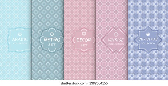 Set of seamless line patterns, colored background. Stylish decorative vintage, retro, arabic, christmas label decor set. Abstract geometric frame, vector illustration. Art Deco style, light colors
