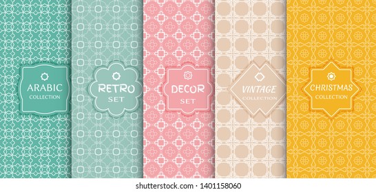 Set of seamless line patterns, colored background. Stylish decorative vintage, retro, arabic, christmas label decor set. Abstract geometric frame, vector illustration. Art Deco style, light colors