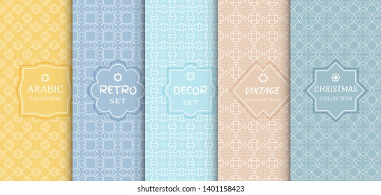 Set of seamless line patterns, colored background. Stylish decorative vintage, retro, arabic, christmas label decor set. Abstract geometric frame, vector illustration. Art Deco style, light colors