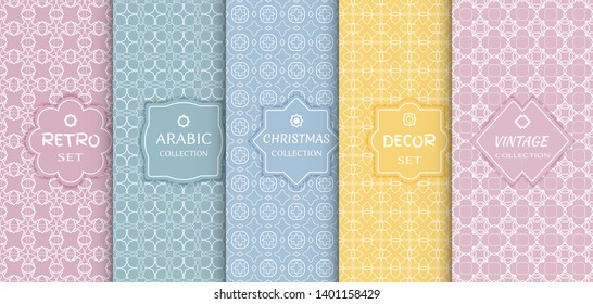 Set of seamless line patterns, colored background. Stylish decorative vintage, retro, arabic, christmas label decor set. Abstract geometric frame, vector illustration. Art Deco style, light colors