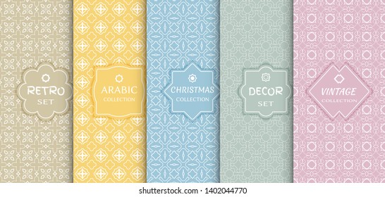 Set of seamless line patterns, colored background. Stylish decorative vintage, retro, arabic, christmas label decor set. Abstract geometric frame, vector illustration. Art Deco style, light colors
