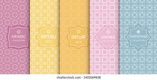 Set of seamless line patterns, colored background. Stylish decorative vintage, retro, arabic, christmas label decor set. Abstract geometric frame, vector illustration. Art Deco style, light colors