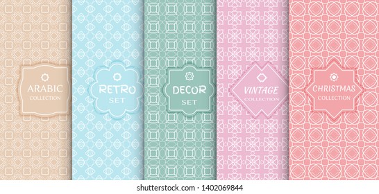 Set of seamless line patterns, colored background. Stylish decorative vintage, retro, arabic, christmas label decor set. Abstract geometric frame, vector illustration. Art Deco style, light colors