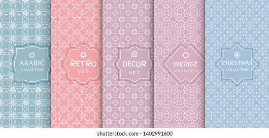 Set of seamless line patterns, colored background. Stylish decorative vintage, retro, arabic, christmas label decor set. Abstract geometric frame, vector illustration. Art Deco style, light colors