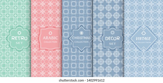 Set of seamless line patterns, colored background. Stylish decorative vintage, retro, arabic, christmas label decor set. Abstract geometric frame, vector illustration. Art Deco style, light colors