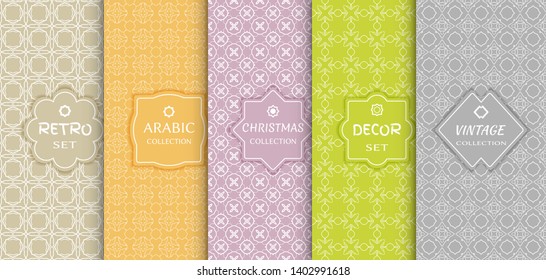 Set of seamless line patterns, colored background. Stylish decorative vintage, retro, arabic, christmas label decor set. Abstract geometric frame, vector illustration. Art Deco style, light colors