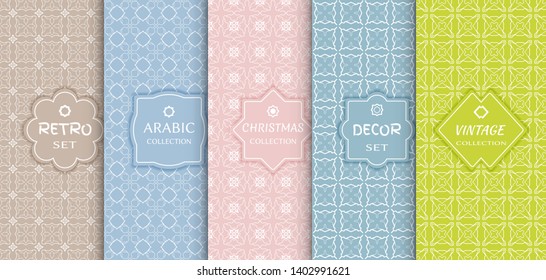 Set of seamless line patterns, colored background. Stylish decorative vintage, retro, arabic, christmas label decor set. Abstract geometric frame, vector illustration. Art Deco style, light colors