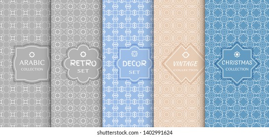 Set of seamless line patterns, colored background. Stylish decorative vintage, retro, arabic, christmas label decor set. Abstract geometric frame, vector illustration. Art Deco style, light colors