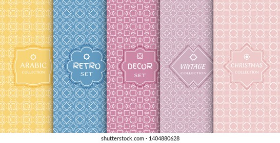 Set of seamless line patterns, colored background. Stylish decorative vintage, retro, arabic, christmas label decor set. Abstract geometric frame, vector illustration. Art Deco style, light colors