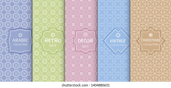 Set of seamless line patterns, colored background. Stylish decorative vintage, retro, arabic, christmas label decor set. Abstract geometric frame, vector illustration. Art Deco style, light colors