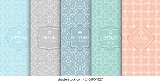 Set of seamless line patterns, colored background. Stylish decorative vintage, retro, arabic, christmas label decor set. Abstract geometric frame, vector illustration. Art Deco style, light colors