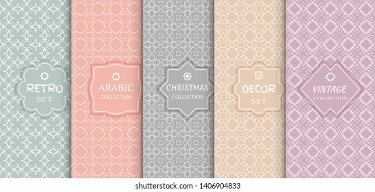 Set of seamless line patterns, colored background. Stylish decorative vintage, retro, arabic, christmas label decor set. Abstract geometric frame, vector illustration. Art Deco style, light colors