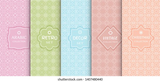 Set of seamless line patterns, colored background. Stylish decorative vintage, retro, arabic, christmas label decor set. Abstract geometric frame, vector illustration. Art Deco style, light colors