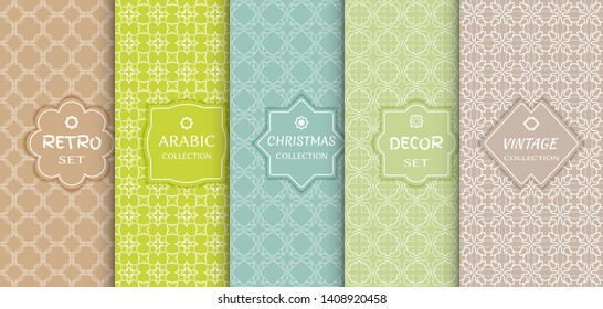 Set of seamless line patterns, colored background. Stylish decorative vintage, retro, arabic, christmas label decor set. Abstract geometric frame, vector illustration. Art Deco style, light colors