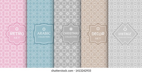 Set of seamless line patterns, colored background. Stylish decorative vintage, retro, arabic, christmas label decor set. Abstract geometric frame, vector illustration. Art Deco style, light colors