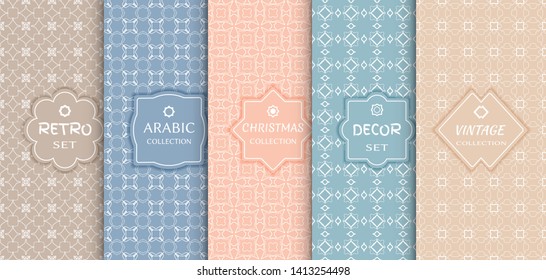 Set of seamless line patterns, colored background. Stylish decorative vintage, retro, arabic, christmas label decor set. Abstract geometric frame, vector illustration. Art Deco style, light colors