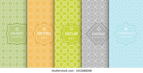 Set of seamless line patterns, colored background. Stylish decorative vintage, retro, arabic, christmas label decor set. Abstract geometric frame, vector illustration. Art Deco style, light colors