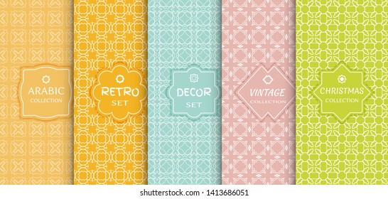 Set of seamless line patterns, colored background. Stylish decorative vintage, retro, arabic, christmas label decor set. Abstract geometric frame, vector illustration. Art Deco style, light colors