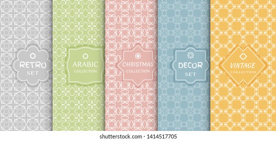 Set of seamless line patterns, colored background. Stylish decorative vintage, retro, arabic, christmas label decor set. Abstract geometric frame, vector illustration. Art Deco style, light colors