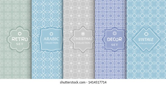 Set of seamless line patterns, colored background. Stylish decorative vintage, retro, arabic, christmas label decor set. Abstract geometric frame, vector illustration. Art Deco style, light colors