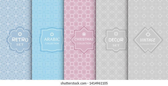 Set of seamless line patterns, colored background. Stylish decorative vintage, retro, arabic, christmas label decor set. Abstract geometric frame, vector illustration. Art Deco style, light colors