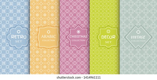 Set of seamless line patterns, colored background. Stylish decorative vintage, retro, arabic, christmas label decor set. Abstract geometric frame, vector illustration. Art Deco style, light colors