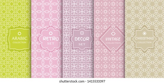 Set of seamless line patterns, colored background. Stylish decorative vintage, retro, arabic, christmas label decor set. Abstract geometric frame, vector illustration. Art Deco style, light colors