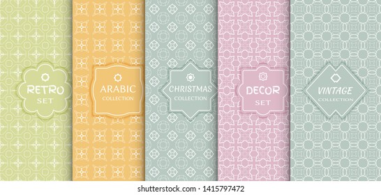 Set of seamless line patterns, colored background. Stylish decorative vintage, retro, arabic, christmas label decor set. Abstract geometric frame, vector illustration. Art Deco style, light colors