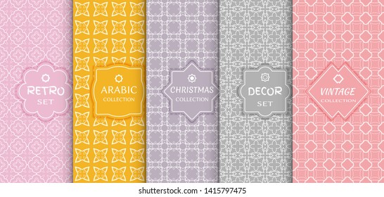 Set of seamless line patterns, colored background. Stylish decorative vintage, retro, arabic, christmas label decor set. Abstract geometric frame, vector illustration. Art Deco style, light colors